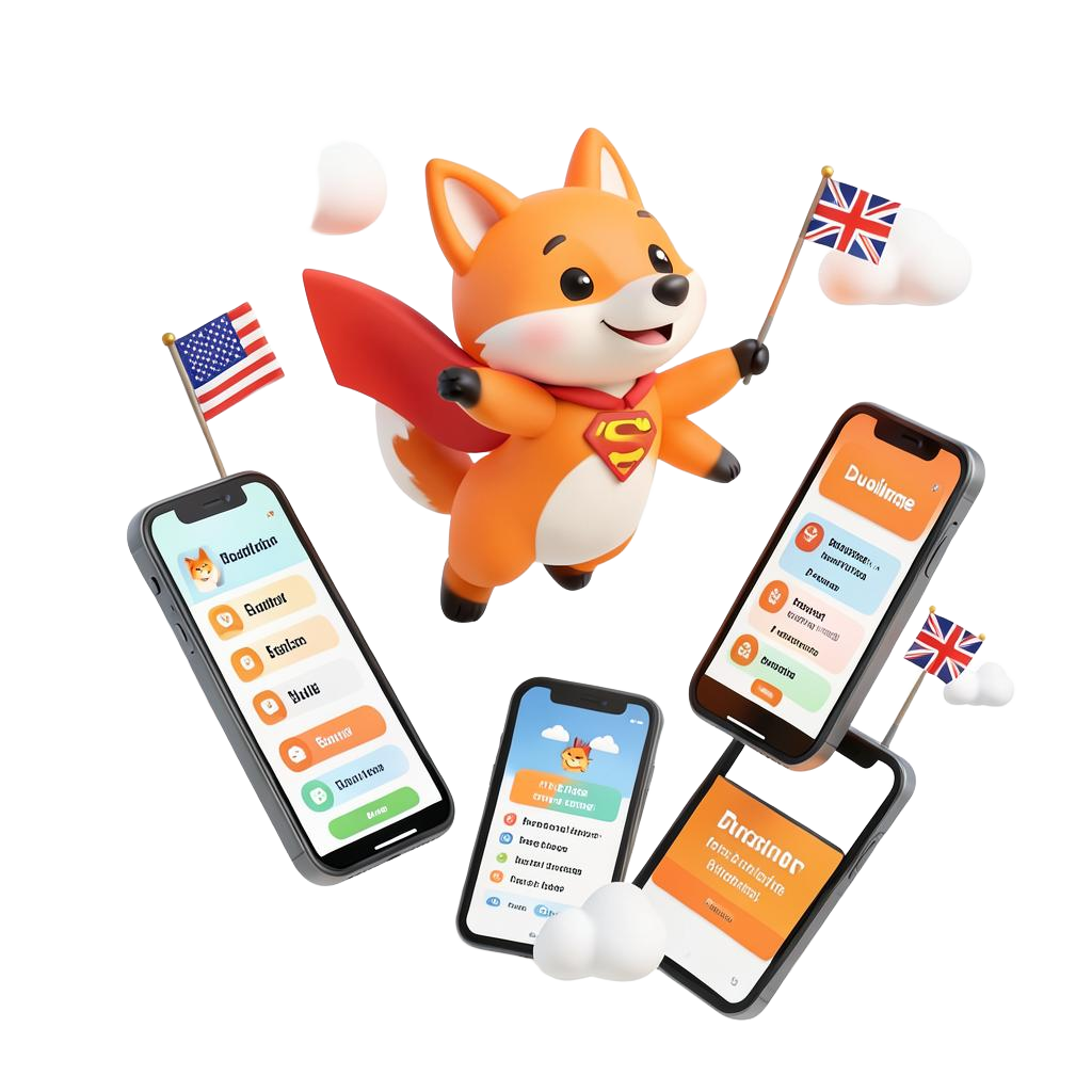 Rapozinha voando entre celulares e tablets com lições de inglês